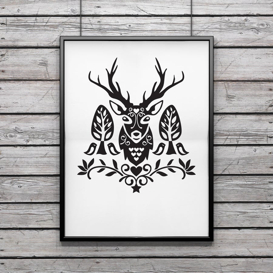 Scandinavian wall art - screen print - folk art print - deer print - ltd edition
