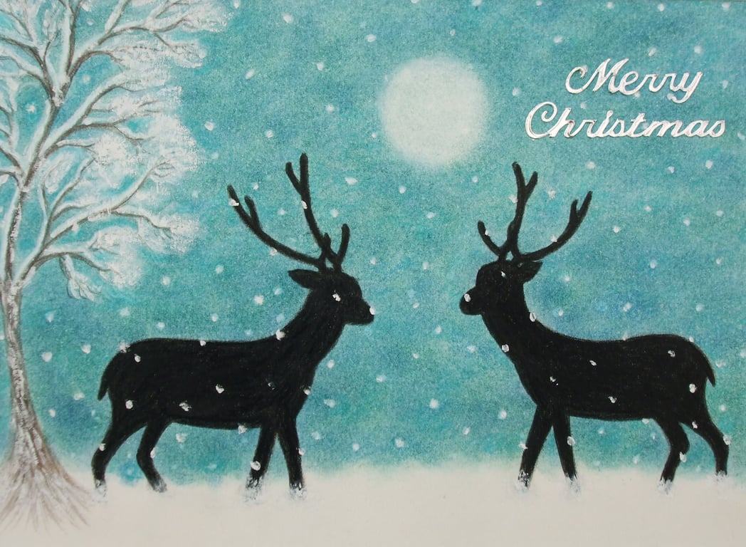 Christmas Card, Deer Moon Tree Snow Art Card, Reindeer Xmas Greeting Card