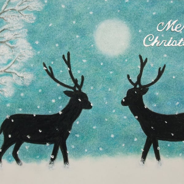 Christmas Card, Deer Moon Tree Snow Art Card, Reindeer Xmas Greeting Card