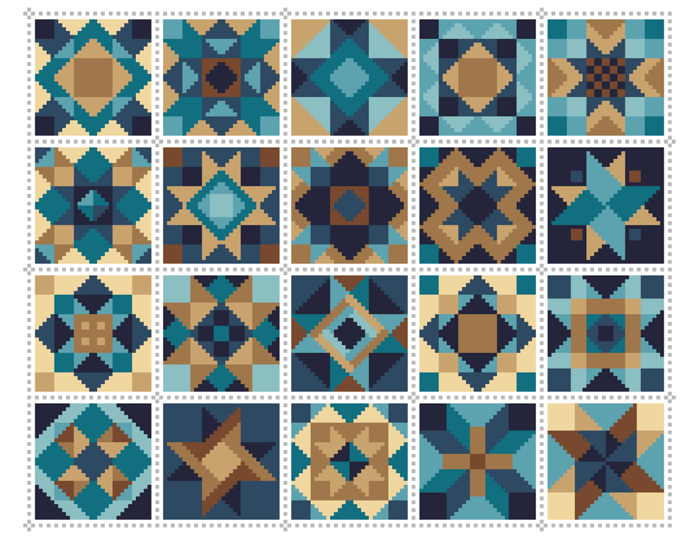 066D - Cross Stitch Chart Patchwork Quilt Block Pattern Squares, Brown Turquoise