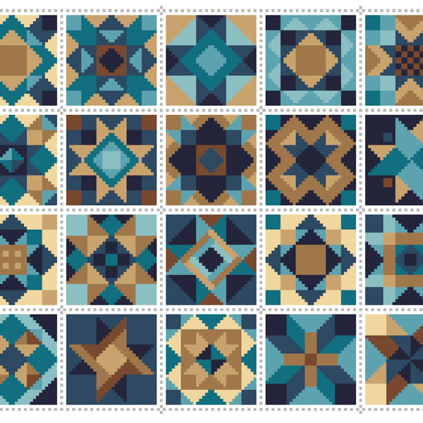 066D - Cross Stitch Chart Patchwork Quilt Block Pattern Squares, Brown Turquoise