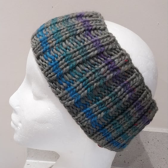 Hand Knitted stripey Merino Headband in Khaki