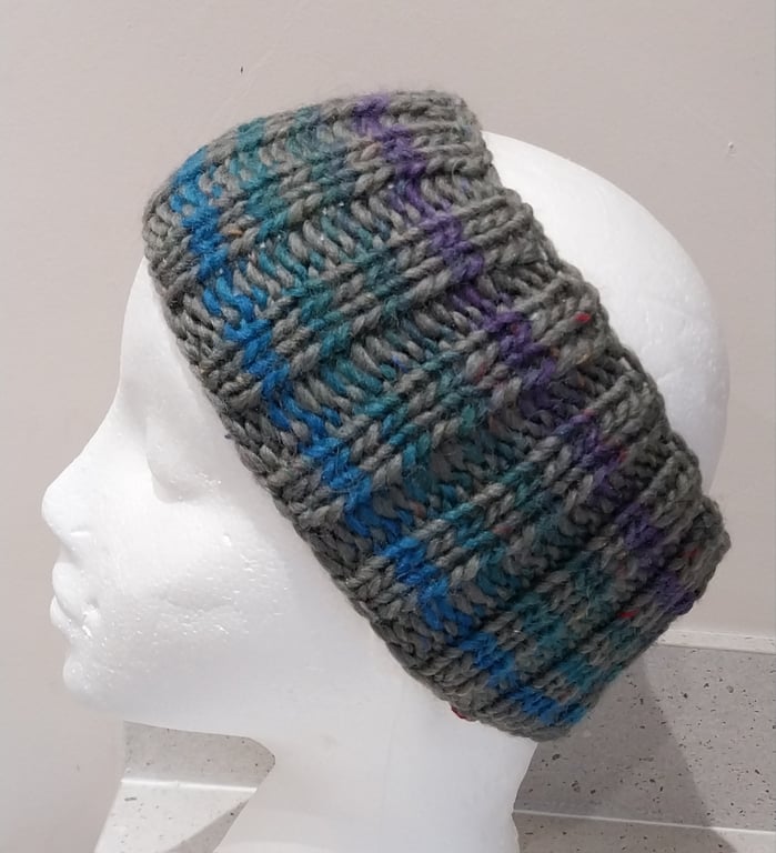 Hand Knitted stripey Merino Headband in Khaki