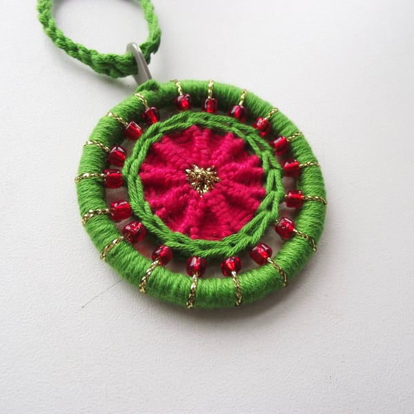 Hand Crafted Christmas Decoration, Dorset Button, Green, Red, Beaded