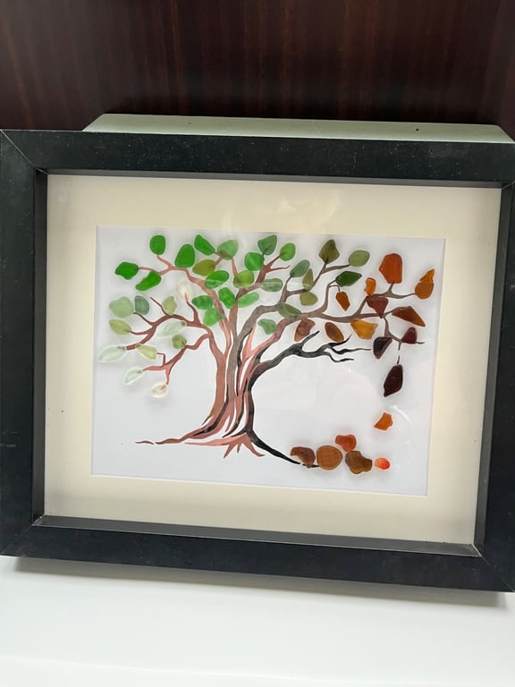 Tree showing Seasons using green, clear and brown Seaglass 