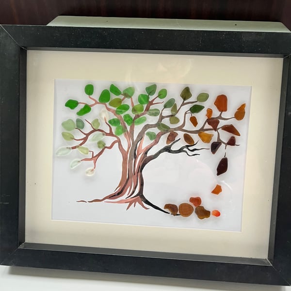 Tree showing Seasons using green, clear and brown Seaglass 