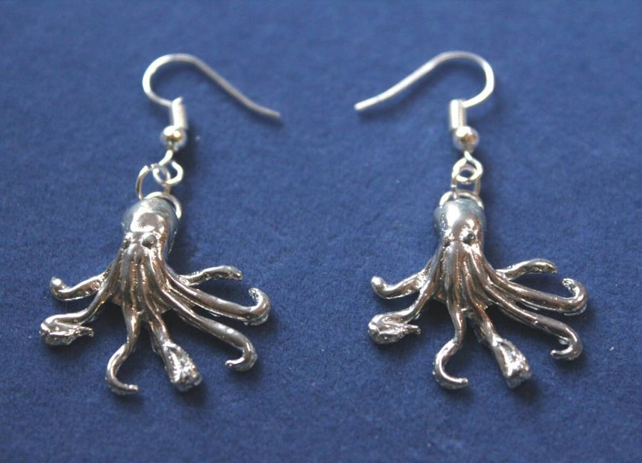 Handmade Octopus Earrings; Cast From Recycled Pewter - Anti-Tarnish. Marine Sea 