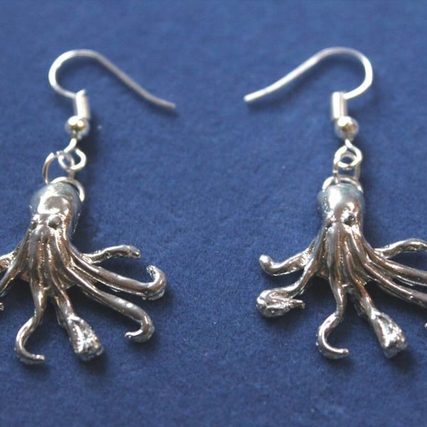 Handmade Octopus Earrings; Cast From Recycled Pewter - Anti-Tarnish. Marine Sea 