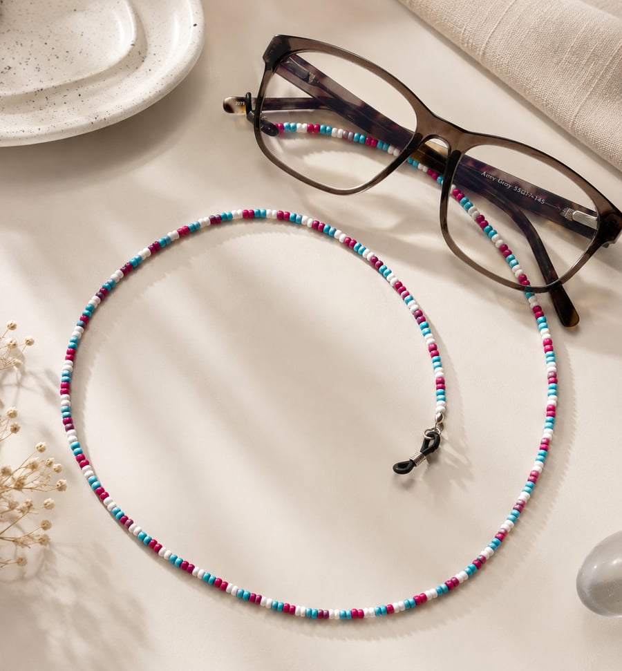 Handmade Seed Bead Glasses Chain – 25" Colourful Eyewear Holder 