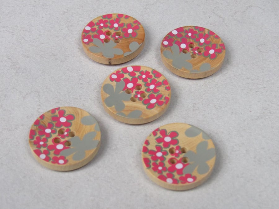 5 Medium Painted Grey Flower Wooden Craft Buttons