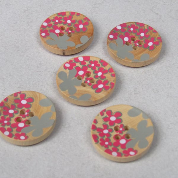 5 Medium Painted Grey Flower Wooden Craft Buttons