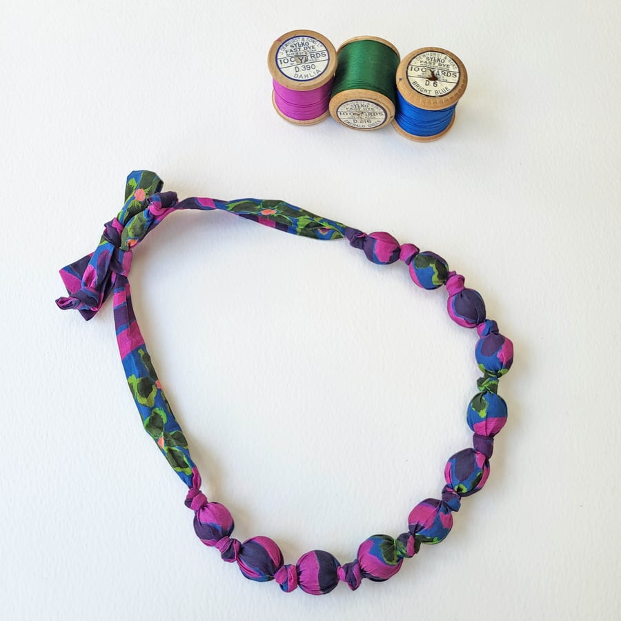 Pink, Purple, Blue & Green Liberty Print Fabric Necklace - Flower Portrait Print