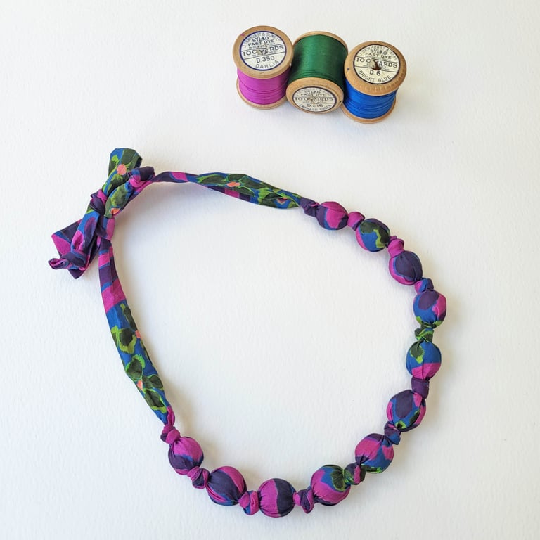 Pink, Purple, Blue & Green Liberty Print Fabric Necklace - Flower Portrait Print