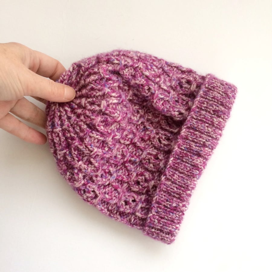 Tweedy pink hand knit Beanie hat