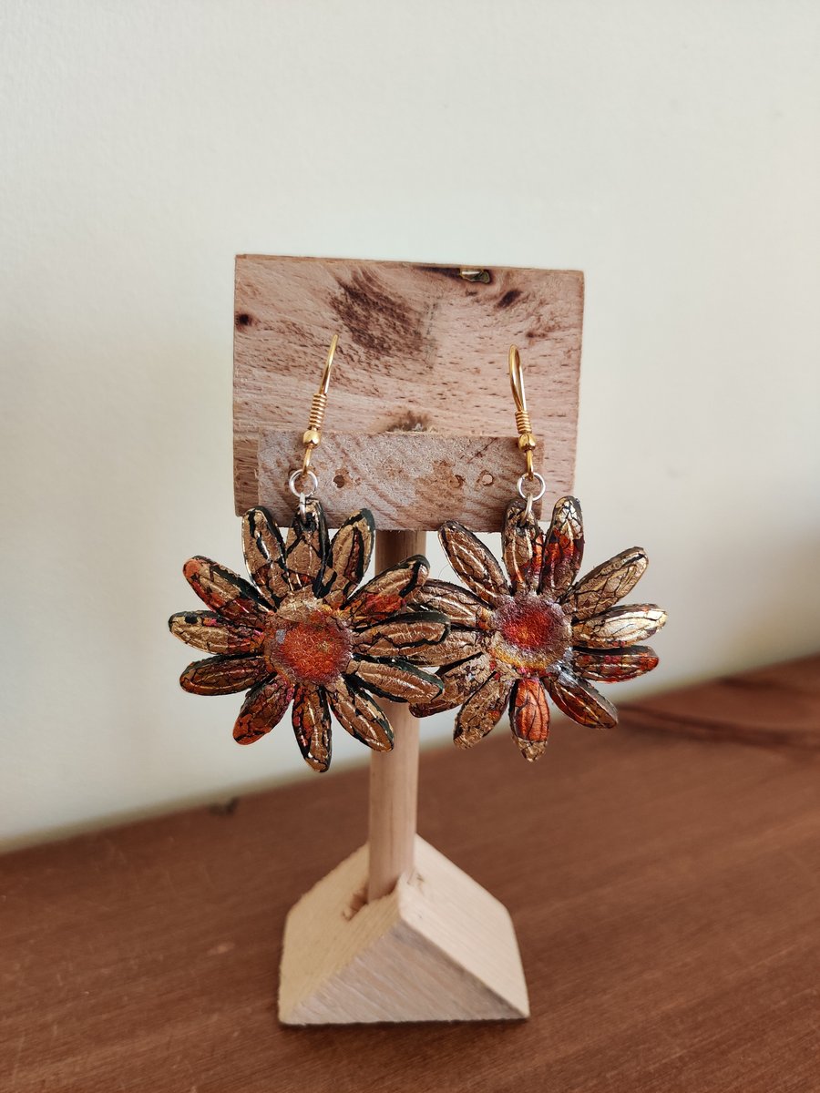 Gold sunflower polymer clay earrings