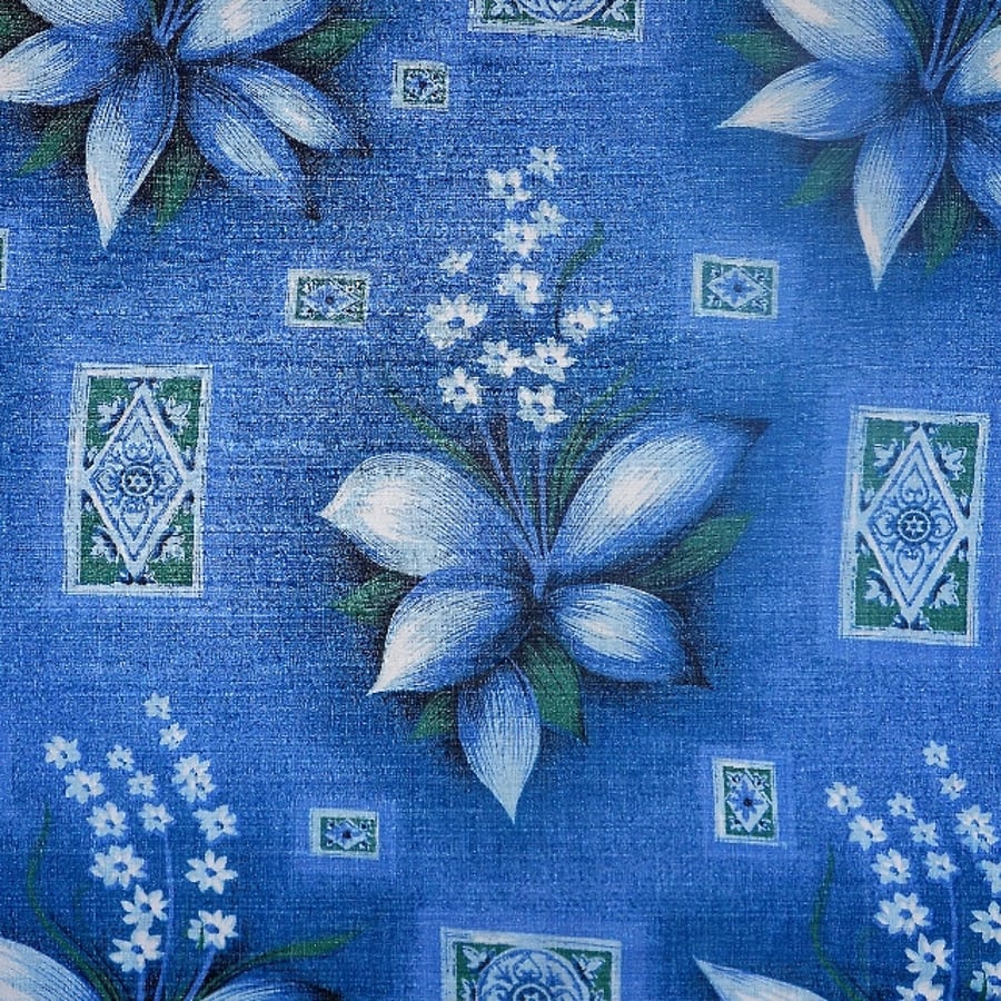 50s 60s Blue Lily of the Valley VIntage Barkcloth Fabric Lampshade option 