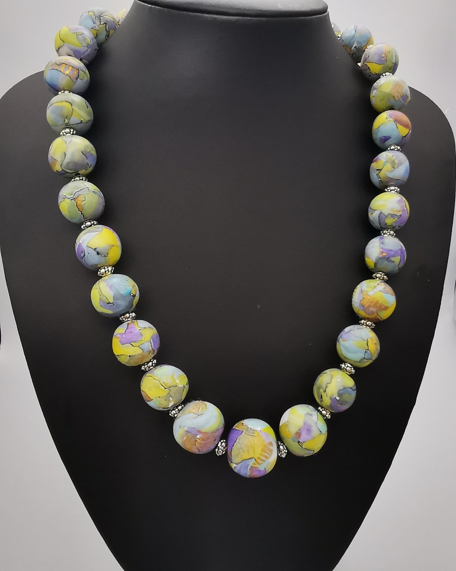 Stylish Statement Necklace, Cracked Glaze Effect Beads in Yellow, Mauve, Bronze,
