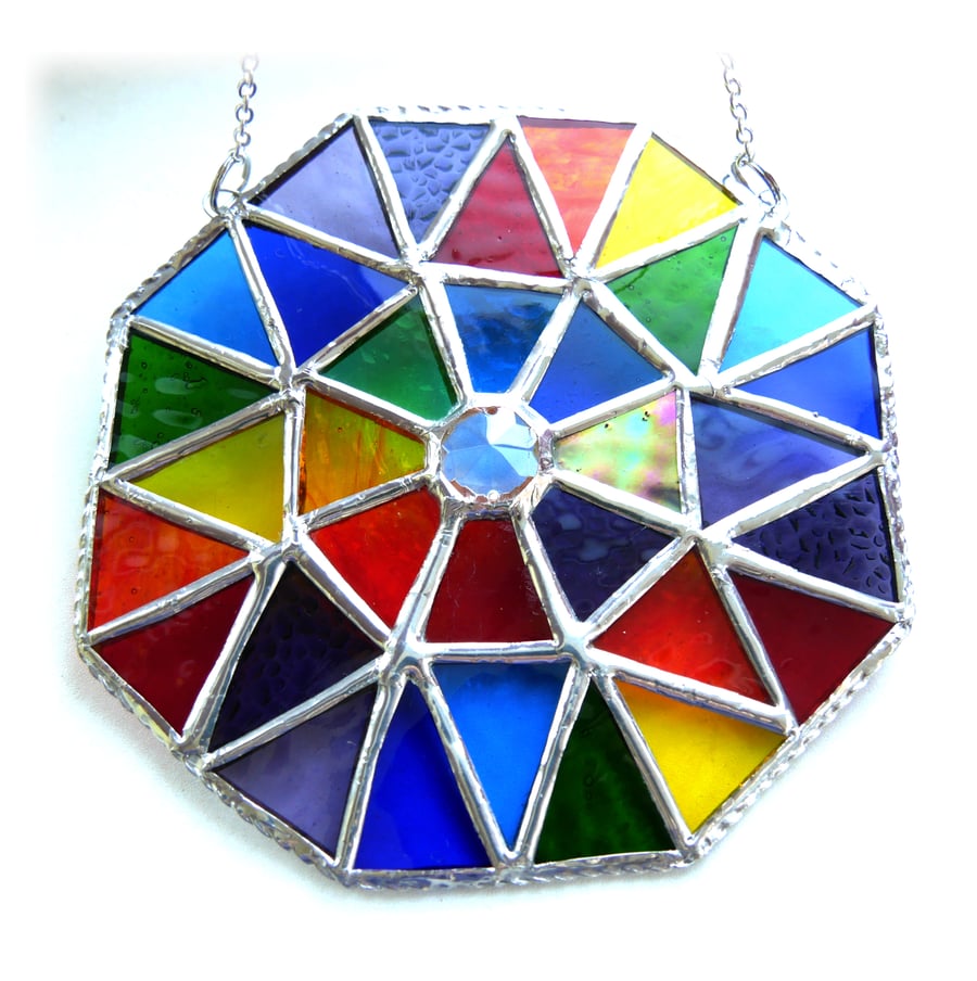Rainbow Patchwork Octagon Suncatcher Stained Glass Handmade 009
