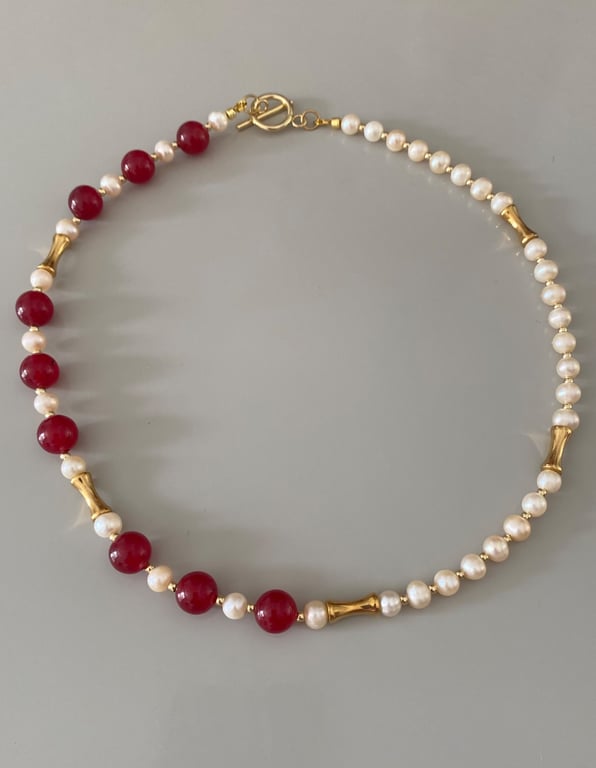 Handmade Red Tourmaline & Freshwater Pearl Necklace with Gold Filled Details