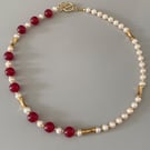 Handmade Red Tourmaline & Freshwater Pearl Necklace with Gold Filled Details