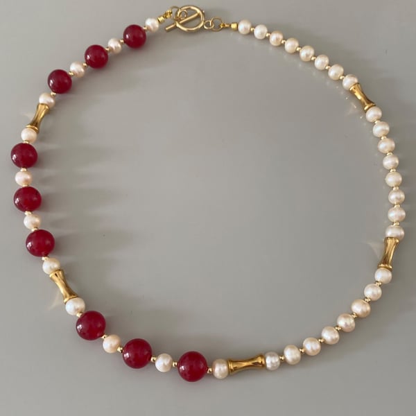 Handmade Red Tourmaline & Freshwater Pearl Necklace with Gold Filled Details