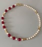 Handmade Red Tourmaline & Freshwater Pearl Necklace with Gold Filled Details