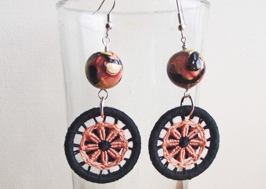 Dorset Button and Murano Glass Bead Drop Earrings, Buttons, Black and Peach