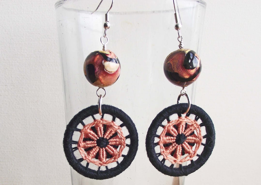 Dorset Button and Murano Glass Bead Drop Earrings, Buttons, Black and Peach