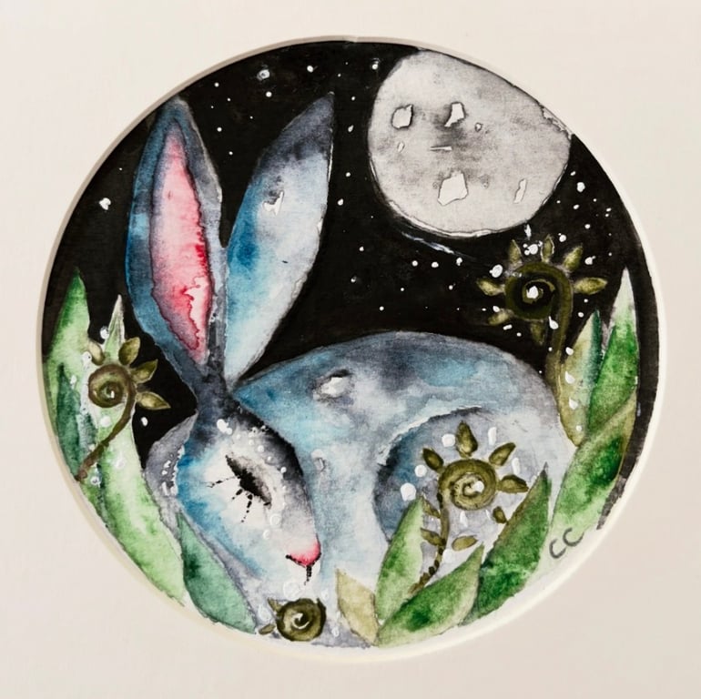 Mounted Circular Original Resting Hare Rabbit in Moonlight Watercolour 