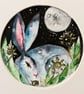 Mounted Circular Original Resting Hare Rabbit in Moonlight Watercolour  - Image 1