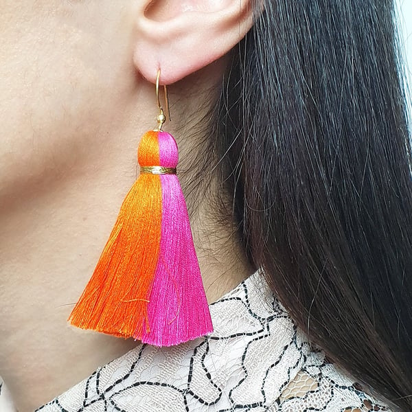 Feather Fluffy Colourful Vibrant Pink Orange Fur Earrings, Festival Rave Earring