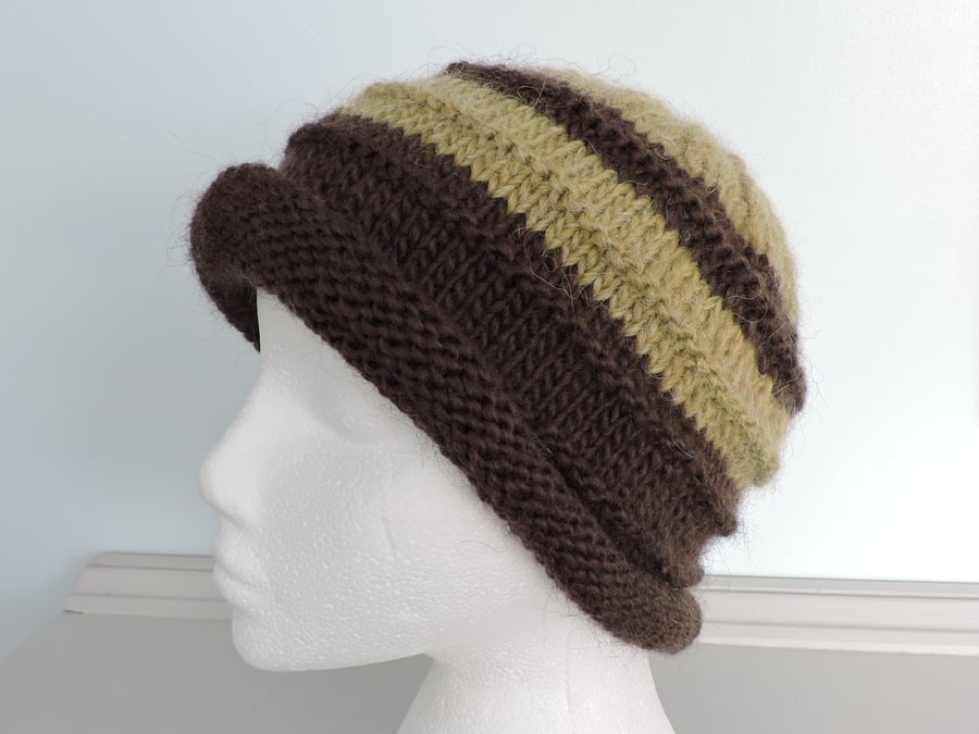 Beanie Hat Striped  Brown and Olive Hand Knitted
