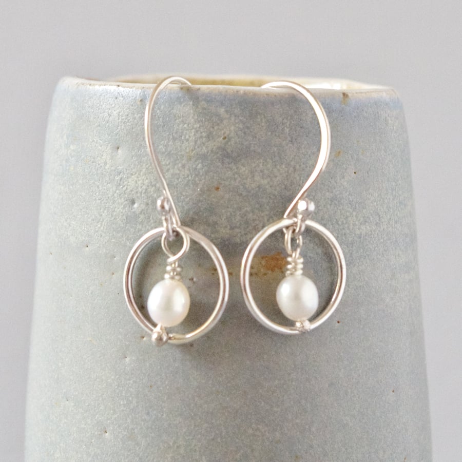 Lunar Sterling Silver Circle and White Freshwater Pearl Drop Karma Earrings