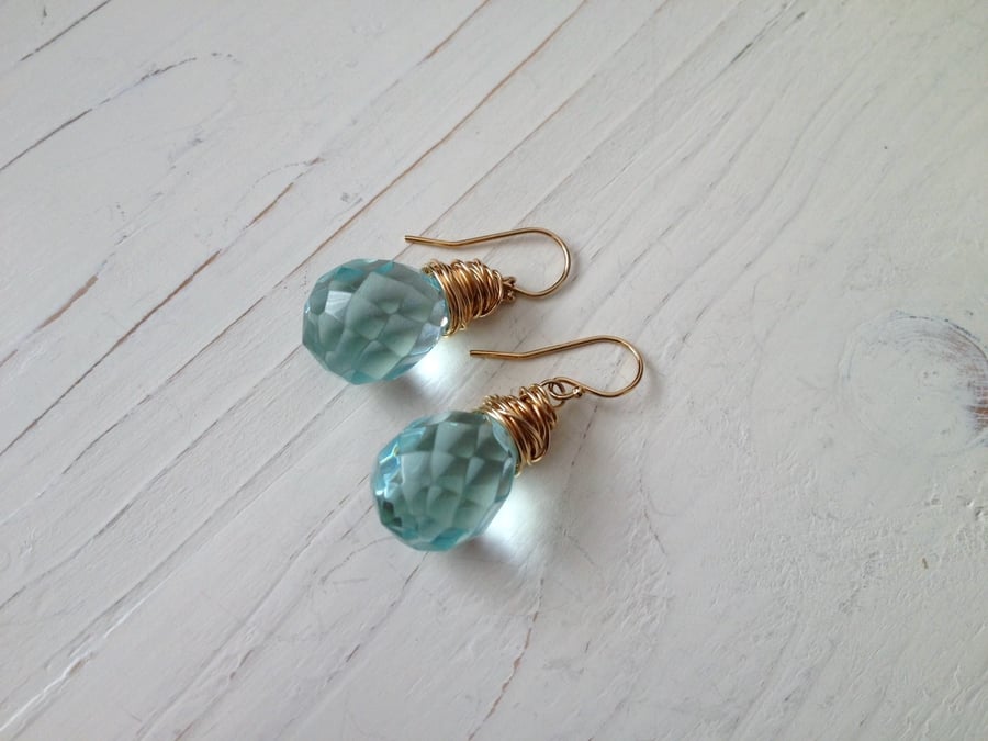 Wire wrapped pale aqua blue briolette glass bead drop earrings. 