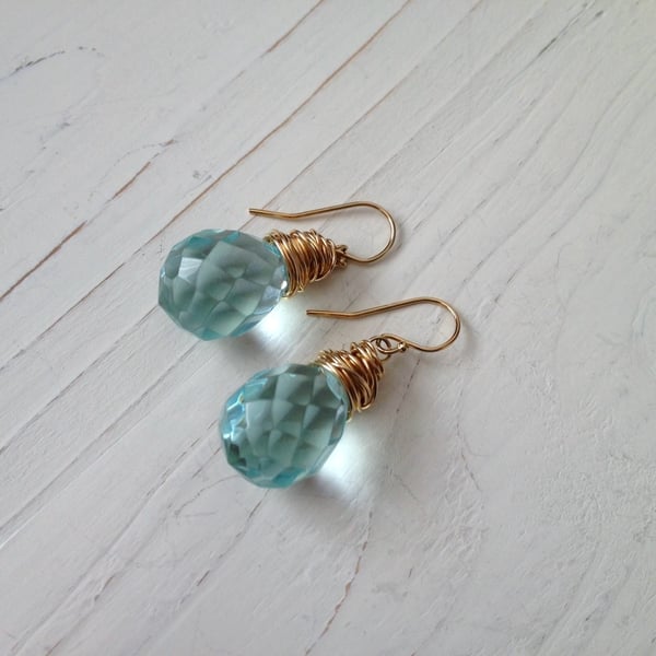 Wire wrapped pale aqua blue briolette glass bead drop earrings. 