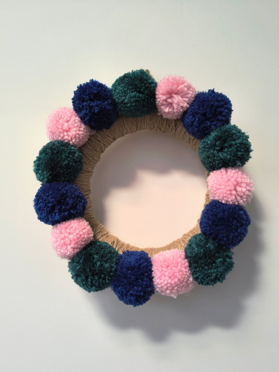 Jade green. navy and pink pom pom wreath