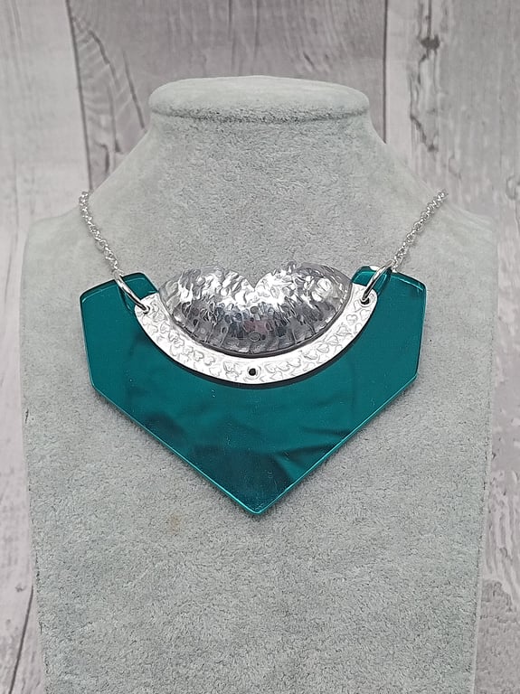 Recycled Aluminium Drink Can Base Metal, Green Teal Acrylic Shape Necklace 