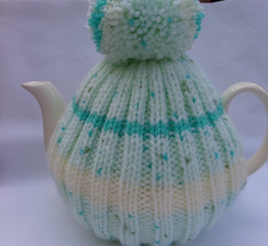 Stripped Tea Cosy with Bobble aqua shades great for Mothers Day