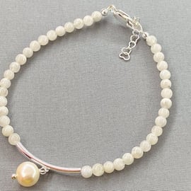 Rainbow Moonstone & Ivory Cultured Pearl Beaded Bridal Sterling Silver Bracelet