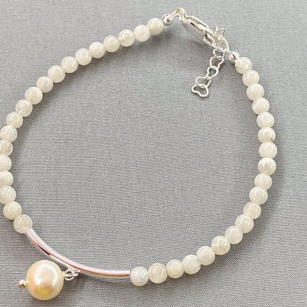 Rainbow Moonstone & Ivory Cultured Pearl Beaded Bridal Sterling Silver Bracelet