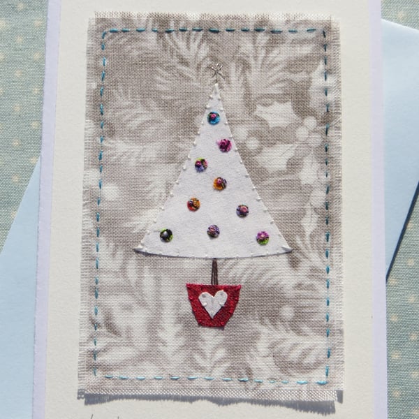 Little White Tree, hand-stitched miniature mounted on card for Christmas