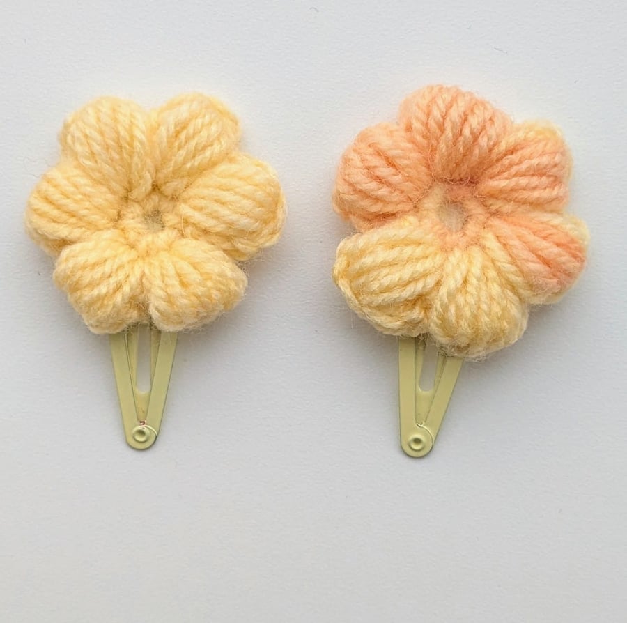Pair of Yellow Peach Crochet Flower Hair Clips 
