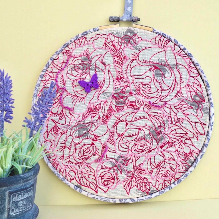 Embroidered Hoop Decoration: Embroidered Roses & Bees design 8” (20cm)