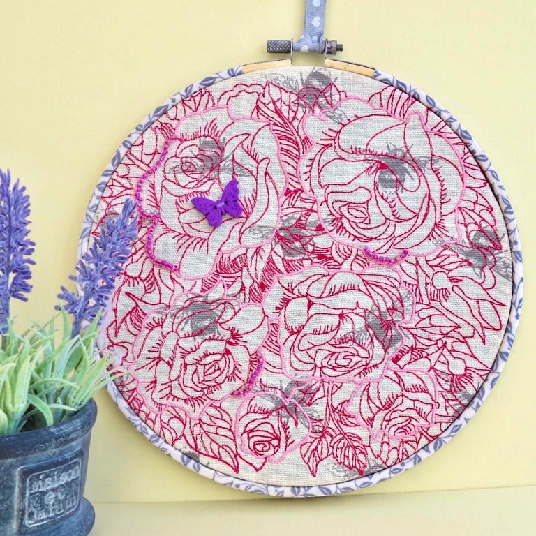 Roses & Bees: Embroidered Hoop, Hooped Embroidery Wall Hanging