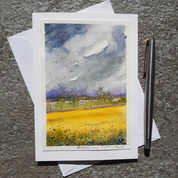Spring Fields. Blank Card. Original Painting of Yellow Fields
