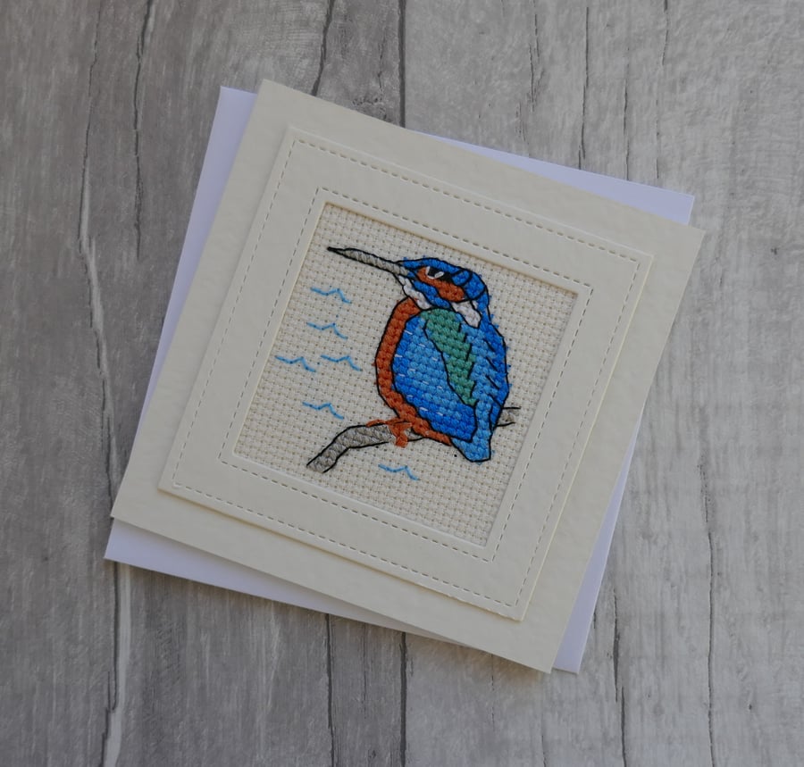 Cross Stitch Kingfisher - Blank Greetings Card