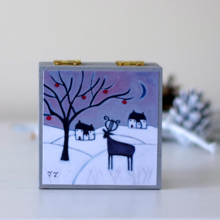 Winter Landscape Trinket Box with Whimsical Art Print, Christmas Gift
