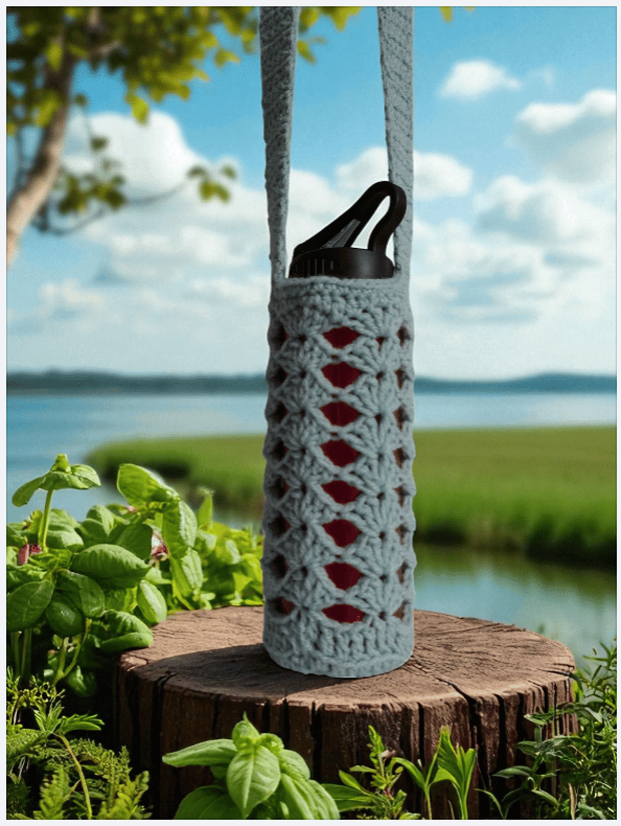 Hand Crochet Water Bottle Holder Crossbody Water Bottle Carrier - Duck Egg Blue