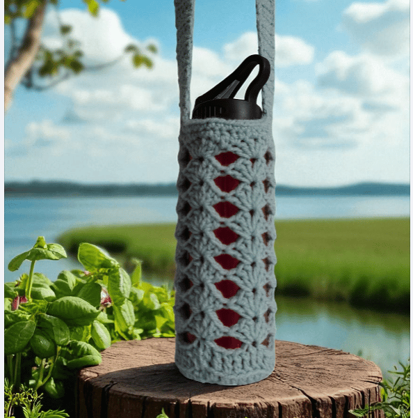 Hand Crochet Water Bottle Holder Crossbody Water Bottle Carrier - Duck Egg Blue