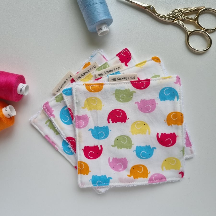 Reusable face wipes handmade, 100% cotton fabric, bamboo towelling, elephants